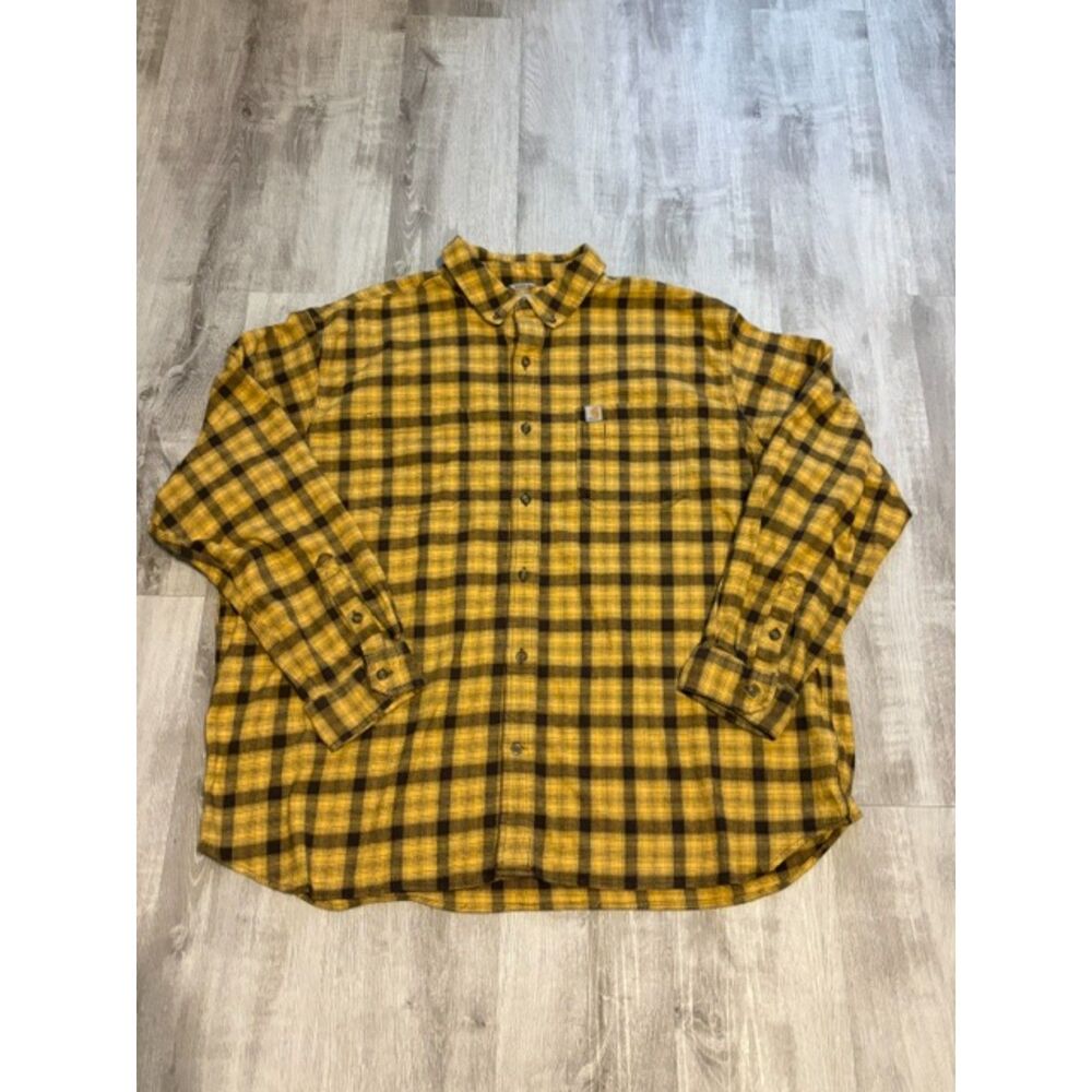 Carhartt Yellow/Brown Plaid Flannel Button Down Long Sleeve Shirt Men's 3XL Work